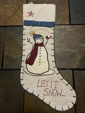 Let It Snow Embroidered Snowman Holiday Stocking -EUC